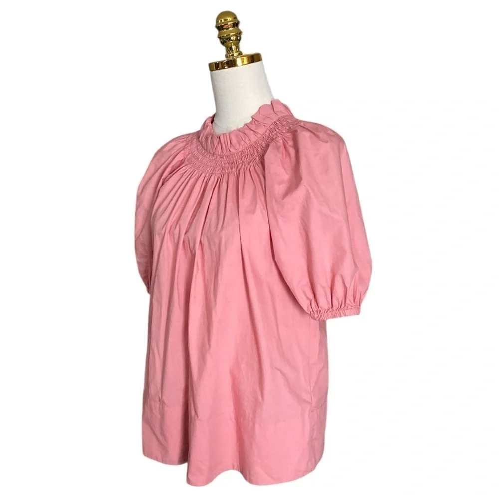 J CREW Smocked Ruffled Neck Puff-Sleeve Cotton Oversized Poplin Top Women's XXS